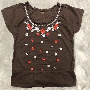 Copper Key Top Women's M Brown Floral Embroidered Blouse Peasant Boho Ruffle Y2K